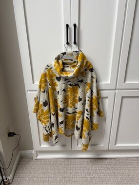 Anthropologie Floral Funnel-Neck Sweater Poncho in Mustard and Cream and Brown